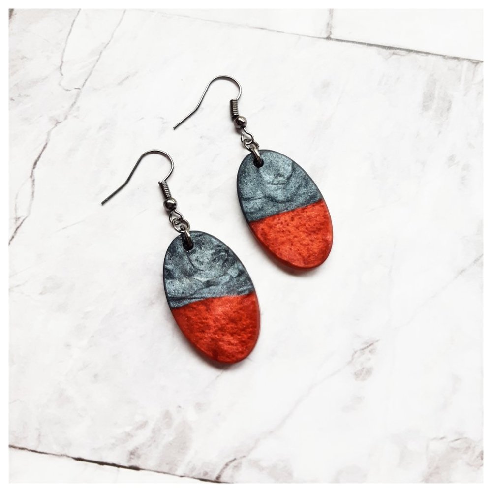 Handmade Earrings Charcoal Black and Crimson Red Oval Earrings Color Block Resin